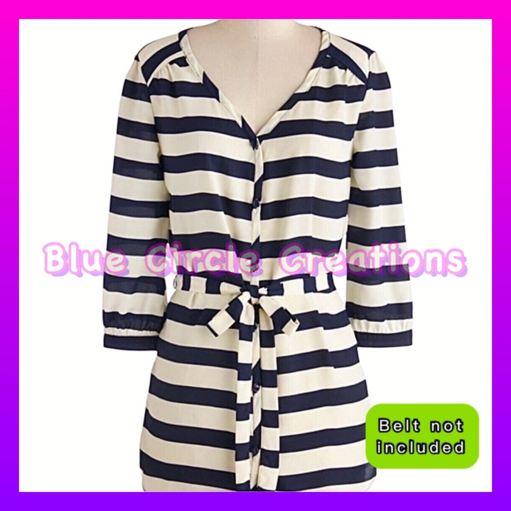 Pink Owl Navy and Cream Striped Long Sleeve Button Down Tunic Top Size Medium